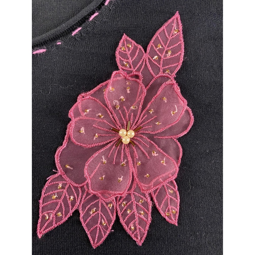 NY Collection Woman Black Floral Applique Cardigan Sweater‎ Pink Stitching 1X - Picture 4 of 10
